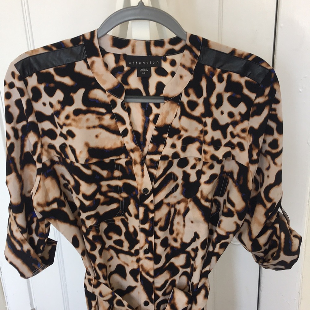 Leopard shirt dress - tie belt, pleather trim